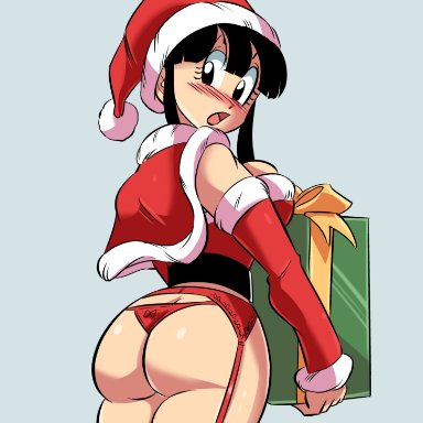 1girls, ass, big ass, big breasts, big butt, blush, bottom heavy, breasts, chichi, chrismas hat, christmas, christmas outfit, christmas present, dragon ball, dragon ball super