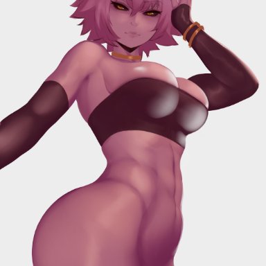 1girls, arm sleeves, big breasts, black sclera, bottomless, breasts, detached sleeves, female, female only, horns, mina ashido, my hero academia, no bra, partially clothed, pink hair