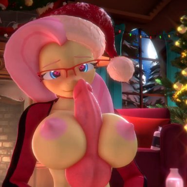 1boy, 1girls, 3d, animated, anthro, big breasts, breasts, canine penis, choker, christmas, christmas tree, fluttershy (mlp), friendship is magic, furry, glasses