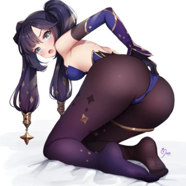 :o, ankkoyom, armpits, ass, bare shoulders, bent over, black gloves, black hair, blue eyes, breasts, brown legwear, detached sleeves, feet, female, from behind