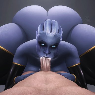 1boy, 1girls, 3d, asari, ass, big penis, erection, fellatio, female, human, human on alien, human on humanoid, human penetrating, hyper ass, hyper thighs