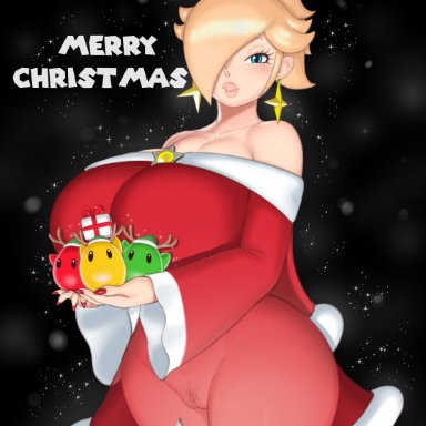 1girl, 1girls, alternate breast size, breasts, christmas, cleavage, female, female only, gray impact, hips, huge breasts, looking at viewer, luma, mario (series), no panties