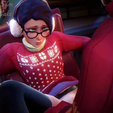 16:9 aspect ratio, 1boy, 1girls, 3d, animated, audio cake, black stockings, black-framed glasses, bottomless, chair, christmas, christmas clothing, christmas outfit, cross-eyed, desk chair