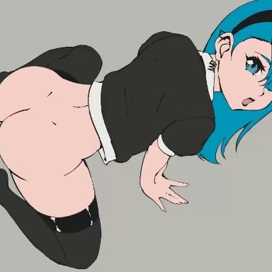 2020, animated, arm support, ass, ass focus, ass shake, ass shaking, balls, balls shaking, black legwear, black lipstick, blue eyes, blue hair, bottomless, crossdressing