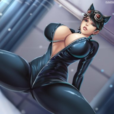 1girls, batman (series), breasts, catwoman, cleavage, dc, female, female only, flowerxl, huge breasts, looking at viewer, selina kyle, solo, spread legs