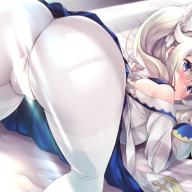 1girls, ass focus, barbara (genshin impact), bed, blonde hair, blue eyes, female, female only, genshin impact, hair between eyes, hat, looking back, pantyhose, sasorigatame, silver hair