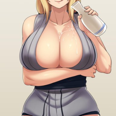 1girls, big breasts, blonde hair, blush, curvy figure, eye contact, female, holding breasts, huge breasts, jmg, large breasts, long hair, looking at viewer, mature female, naruto