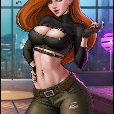 1girls, aroma sensei, breasts, cleavage, cleavage cutout, curvy, dialogue, disney, english, english text, female, green eyes, hourglass figure, kim possible, kimberly ann possible