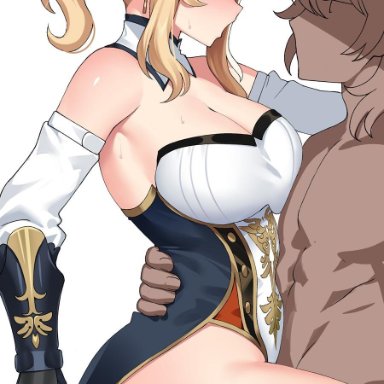 1boy, ass, black ribbon, blonde hair, blue eyes, blush, bottomless, breasts, cleavage, clothed female nude male, commentary request, detached collar, detached sleeves, earrings, eye contact