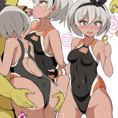 1boy, 1girls, abs, absurdres, alternate outfit, ass, ass grab, ass grab from front, back, bare shoulders, bea (pokemon), black gloves, black hairband, black swimsuit, blush