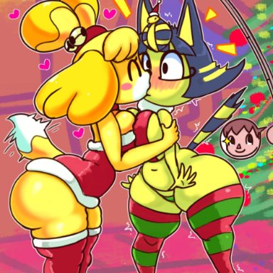 2girls, absurd res, animal crossing, ankha, anthro, ass, bell, big breasts, big butt, bikini, blue body, blue fur, blue hair, blush, breast squish