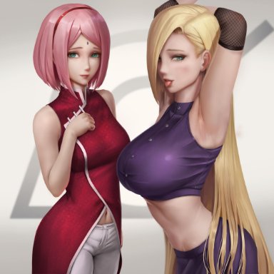 2020, 2girls, absurdres, areolae, armpits, arms up, big breasts, blonde hair, blue eyes, blush, boruto: naruto next generations, breasts, clavicle, clothed, female