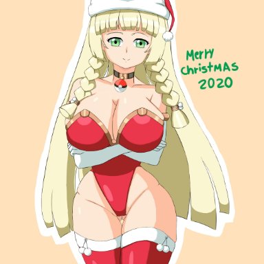 1girls, 2020, big breasts, blonde hair, christmas, christmas outfit, dated, eye contact, green eyes, huge breasts, large breasts, leotard, lillie (pokemon), looking at viewer, nintendo