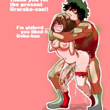 after sex, ahe gao, big penis, brown hair, cum, cum in pussy, green hair, huge cock, izuku midoriya, large penis, muscular, muscular male, my hero academia, ochako uraraka, scar