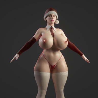 3d, alternate breast size, hourglass figure, huge breasts, icedev, panties, resident evil, resident evil 6, santa hat, sherry birkin, topless