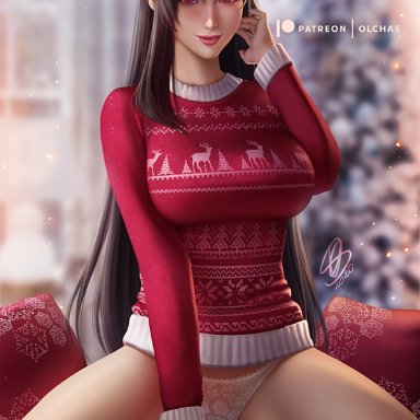 1girls, big breasts, black hair, blush, blushing, breasts, christmas, female, female only, final fantasy, final fantasy vii, final fantasy vii remake, gift, hi res, large breasts