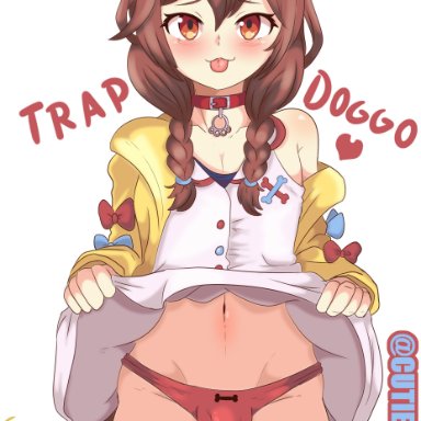 :3, :p, 1boy, 2020, absurd res, animal ears, artist name, ball bulge, blush, bone, bone hair ornament, bow, braid, brown hair, bulge