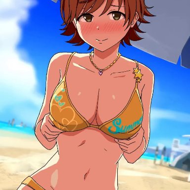 animated, areolae, beach, bikini, bikini lift, bikini lifted by self, bikini top lift, bikini top removed, bikini top up, blush, breasts, breasts out of clothes, brown eyes, brown hair, female