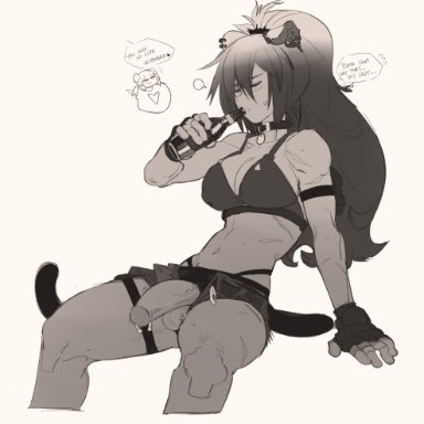 1futa, animal ears, arknights, arm strap, arm support, balls, bangs, bare shoulders, belt, bikini, bikini top, bottle, breasts, cat ears, cat tail