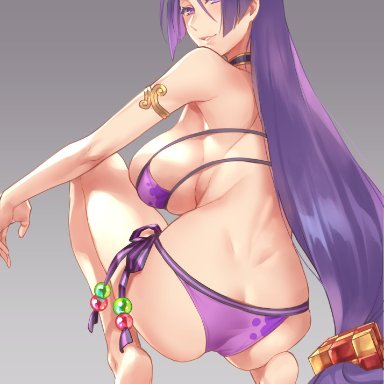 big ass, big breasts, bikini, fate (series), fate/grand order, feet, female, female only, minamoto no raikou (fate/grand order), minamoto no raikou (swimsuit lancer), purple eyes, purple hair, solo