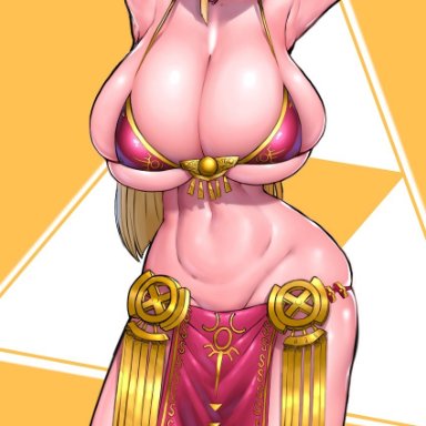 1girls, armpits, arms above head, bead necklace, belly, belly dancer, belly dancer outfit, blonde hair, blue eyes, bracelets, circlet, huge breasts, hylian, loincloth, long hair