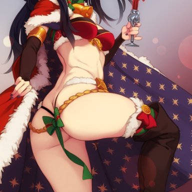 alternate costume, ass, bell, bell collar, big ass, boots, bow, breasts, butt crack, candle, cape, christmas, cleavage, collar, fake antlers