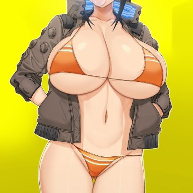 big breasts, bikini, black hair, bubble gum, costume, cyberpunk 2077, female, handplug, idolmaster, idolmaster cinderella girls, jacket, looking at viewer, mukai takumi, simple background, swimsuit