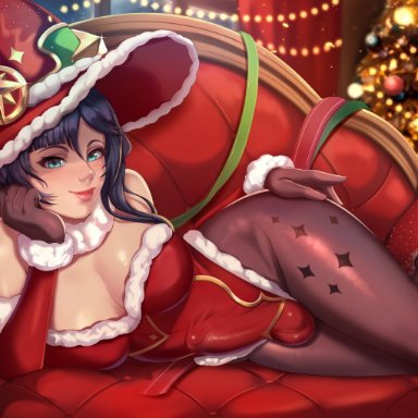 aqua eyes, black hair, blush, breasts, bulge, christmas, cleavage, couch, covered nipples, detached sleeves, erection, erection under clothes, exlic, feet out of frame, female