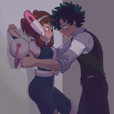 about to kiss, allythealienx, blush, brown hair, clothed, domination, green hair, hero outfit(mha), heroine, holding arms, izuku midoriya, looking at another, looking at partner, love, my hero academia