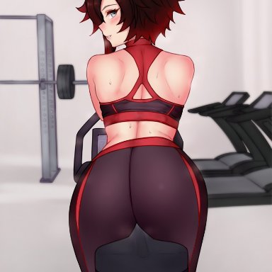 1girls, ass, bluefield, female, female only, looking at viewer, looking back, ruby rose, rwby, solo