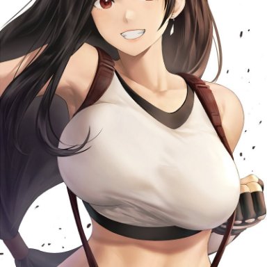 1girls, armpits, bare shoulders, bouncing breasts, breasts, earrings, feet out of frame, female, female only, final fantasy, final fantasy vii, fingerless gloves, highres, huge breasts, long hair