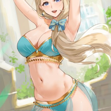 1girls, alternate costume, armpits, arms up, bangs, bare legs, bare midriff, bare shoulders, big breasts, bikini, blonde hair, blue bikini, blue bow, blue eyes, blue panties