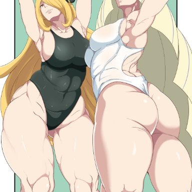 2girls, armpits, ass, big ass, big breasts, blonde hair, breasts, chubby, cynthia (pokemon), female, green eyes, grey eyes, huge thighs, long hair, lusamine (pokemon)