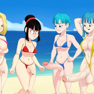 4futas, android 18, angry, areolae, arms crossed, ass, beach, big balls, big breasts, big penis, breasts, bulma briefs, chichi, clenched hands, comparing penis