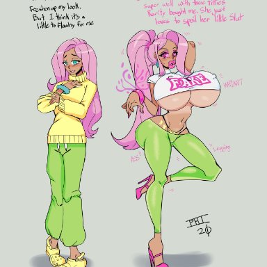 1girls, alternate skin color, big ass, big breasts, bimbofication, bimbophi, bracelet, breast expansion, breast implants, clothing, dark skin, dark-skinned female, dialogue, fluttershy (mlp), green eyes