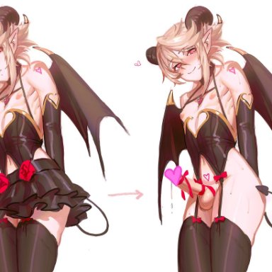 1boy, arms behind back, blonde hair, blush, censored, choker, corrin (fire emblem), corrin (fire emblem) (male), corset, crossdressing, demon boy, demon horns, demon tail, demon wings, erection