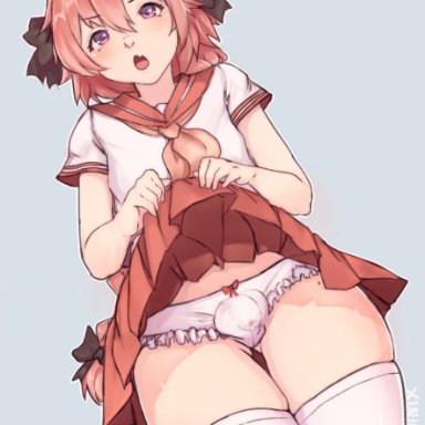 1boy, astolfo (fate), bulge, crossdressing, femboy, girly, lifting skirt, male, panties, penis in panties, simple background, skirt, solo, thighhighs, trap