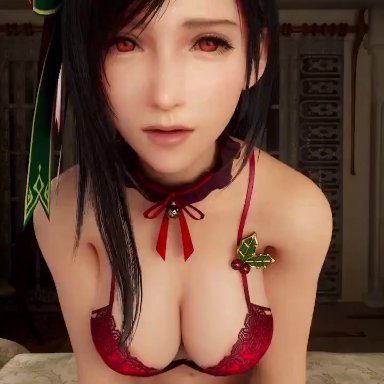animated, black hair, blender, bra, choker, christmas, christmas outfit, clothed, cowgirl position, cute, excited, final fantasy, final fantasy vii, final fantasy vii remake, gloves
