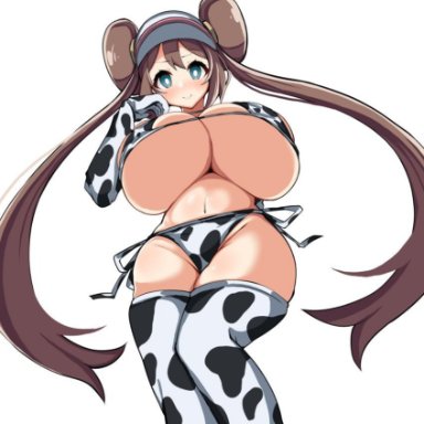 1girls, big breasts, blue eyes, blush, brown hair, cap, cow bikini, cow print, detritus, double bun, duvet208, eye contact, female, game freak, gloves