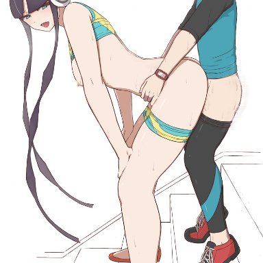 1boy, age difference, areolae, ass, asymmetrical footwear, bare arms, bent over, bike shorts, bike shorts pull, black hair, blue eyes, breasts, breasts outside, brown hair, elesa (pokemon)