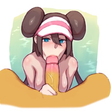 :>=, 1girls, big penis, blowjob, blowjob face, blue eyes, breasts, brown hair, cap, double bun, fellatio, fellatio gesture, female, freddyhalloween, game freak