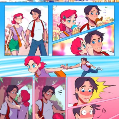 2boys, ariel, blowjob, blush, clothed, comic, disney, femboy, gay, holding hands, looking pleasured, male only, oral, ponytail, prince eric