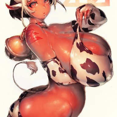 2021, ass, bell, big breasts, cleavage, cow girl, cow print, curvy, dark skin, dark-skinned female, fumio (rsqkr), hand under breasts, huge breasts, looking at viewer, new year