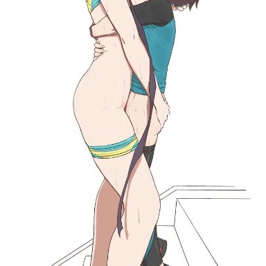 1boy, age difference, ass, asymmetrical footwear, bare arms, bike shorts, bike shorts pull, black hair, blue eyes, blue nails, breasts, breasts outside, brown eyes, brown hair, elesa (pokemon)