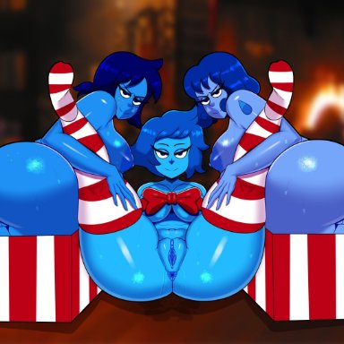 3girls, anus, areolae, ass, big ass, big breasts, blue hair, blue skin, bottom heavy, breasts, christmas, coldarsenal, eye contact, fat ass, female