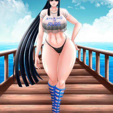 1girls, alternate costume, ass, ass visible through thighs, bangs, big breasts, bikini, bikini bottom, black bikini, black hair, blue hair, blush, breasts, cleavage, clothing