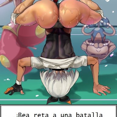 barefoot, bea (pokemon), big ass, feet, muscular female, oiled, pokemon, soles, spanish, spanish language, spanish text, tanned, thong, toes, upside-down