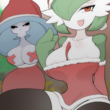 2girls, big breasts, breasts, christmas, christmas outfit, covered nipples, curvy figure, eye contact, fufucatu, gardevoir, green skin, hatterene, large breasts, looking at viewer, nintendo