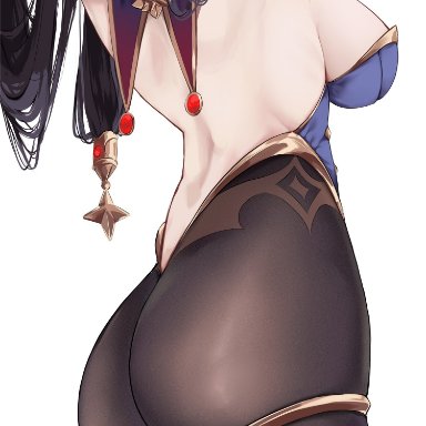 ass, backless outfit, breasts, bubble ass, bubble butt, dat ass, female, from behind, genshin impact, hi res, kilalesi, large breasts, mona (genshin impact), sideboob, witch hat