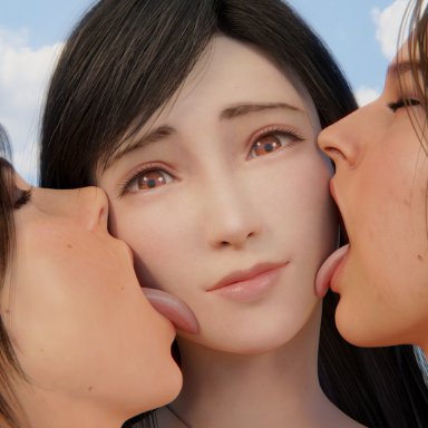 3d, 3girls, auxtasy, blender, female, female only, final fantasy, final fantasy vii, final fantasy vii remake, jill valentine, lara croft, licking, licking face, looking at viewer, resident evil